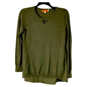 One A Olive Green Long Sleeve Chiffon Back Knit Top - Size Medium - Keyhole Neck